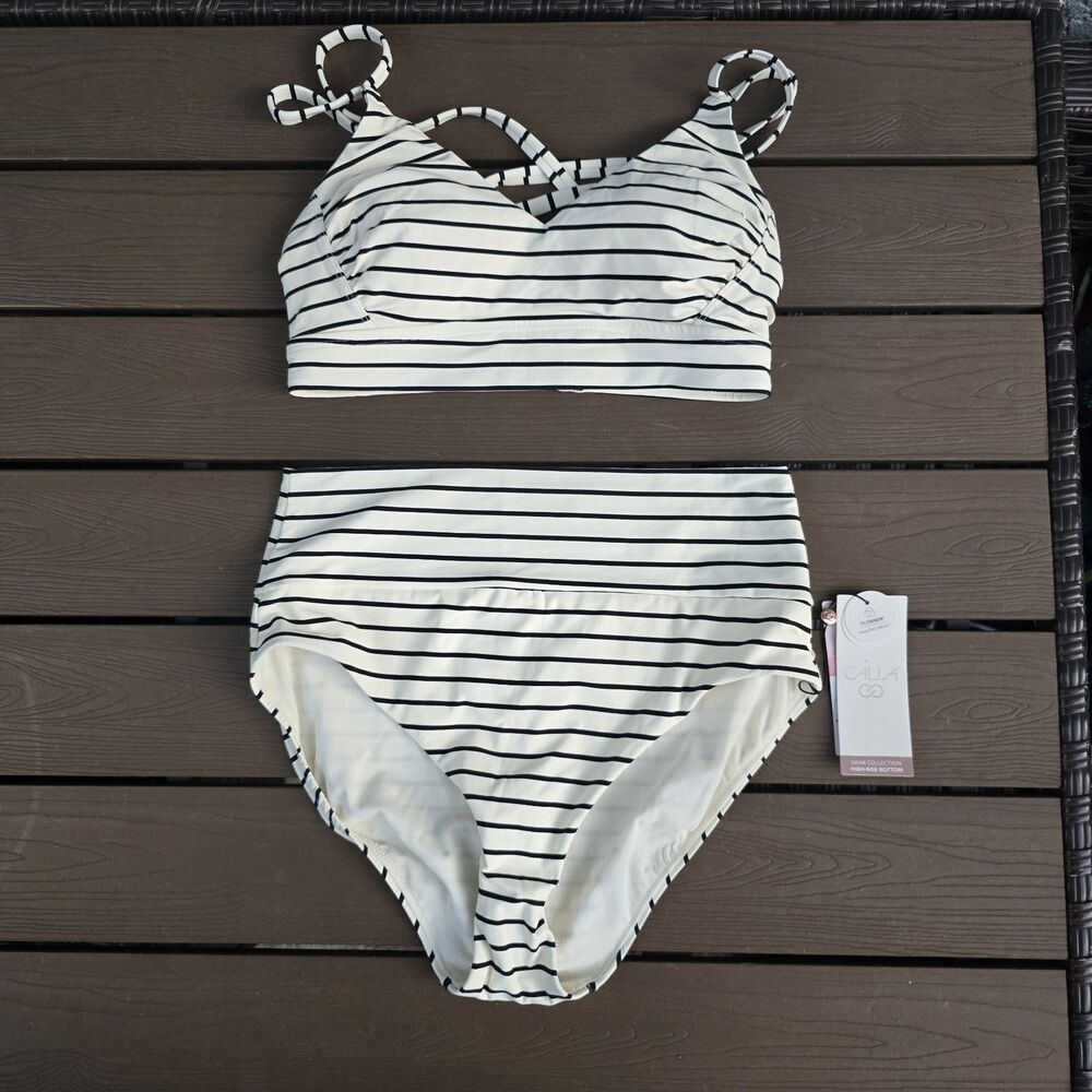CALIA Women's Coastal Stripe Rouched Strappy Top & Wide Band Bikini Sz S New
